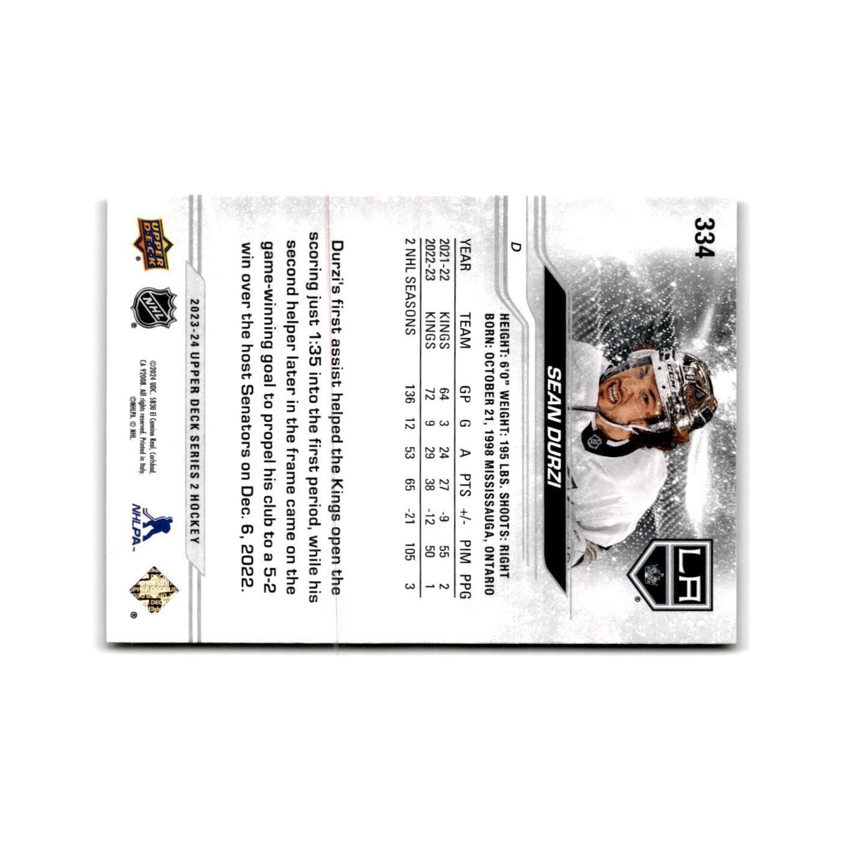 2023 Upper Deck Sean Durzi Los Angeles Kings #334