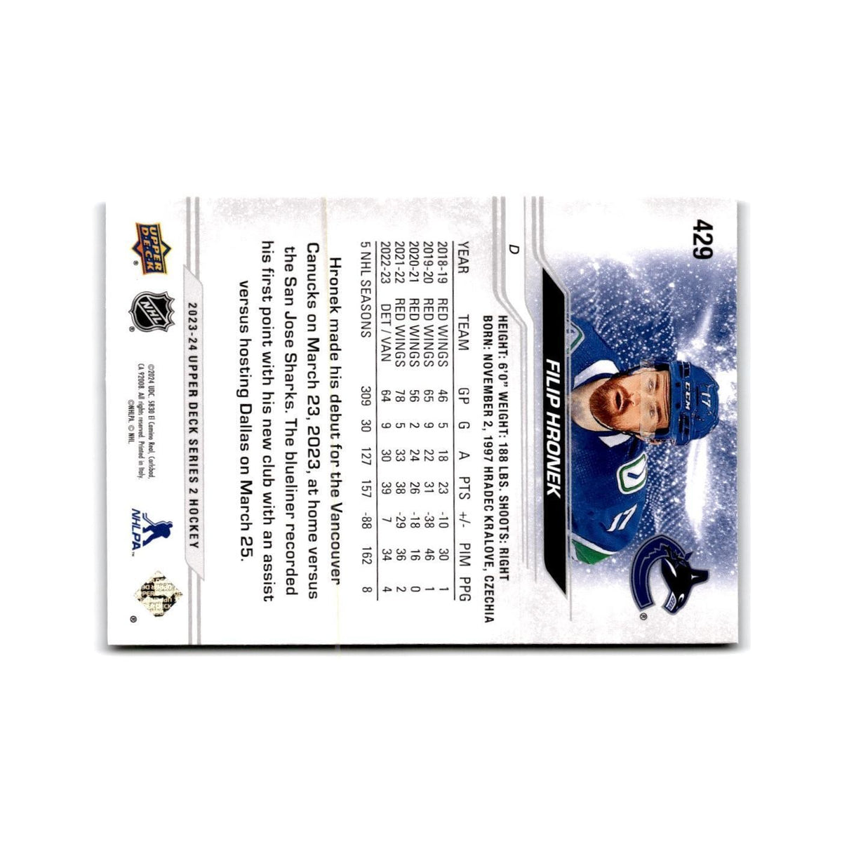 2023 Upper Deck Filip Hronek Vancouver Canucks #429