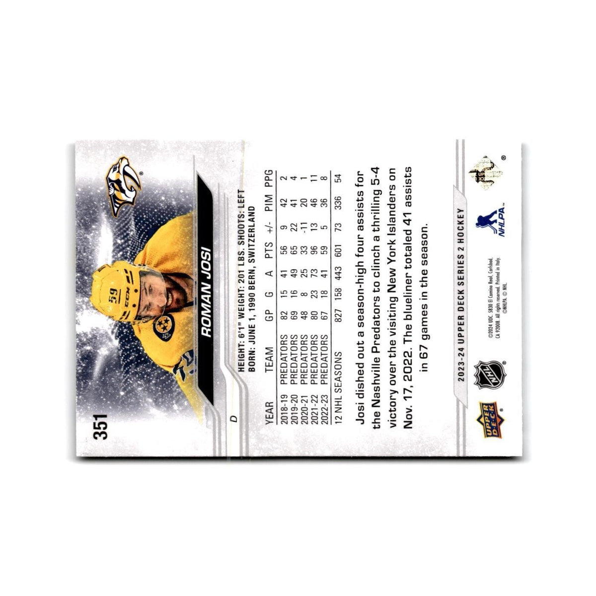 2023 Upper Deck Roman Josi Nashville Predators #351