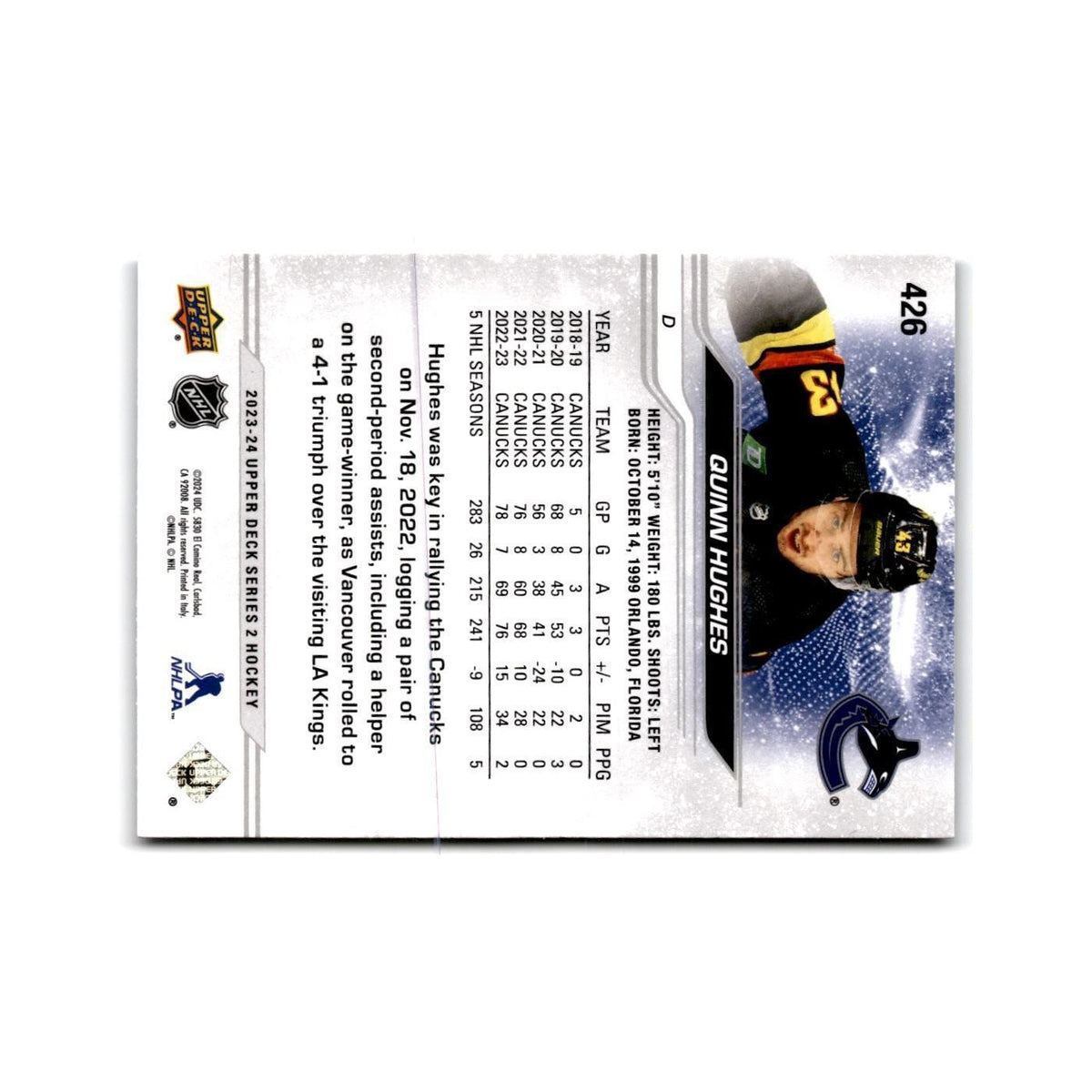 2023 Upper Deck Quinn Hughes Vancouver Canucks #426
