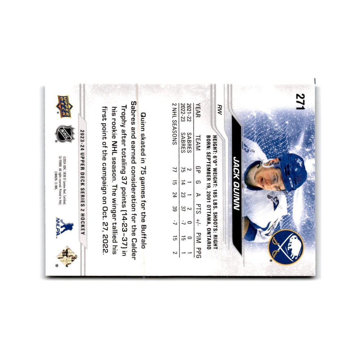 2023 Upper Deck Jack Quinn Buffalo Sabres #271