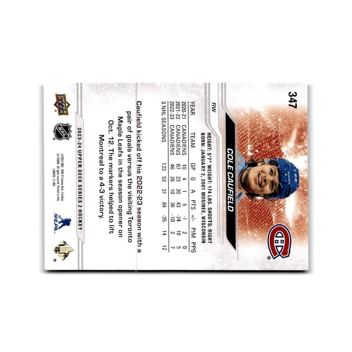 2023 Upper Deck Cole Caufield Montreal Canadiens #347