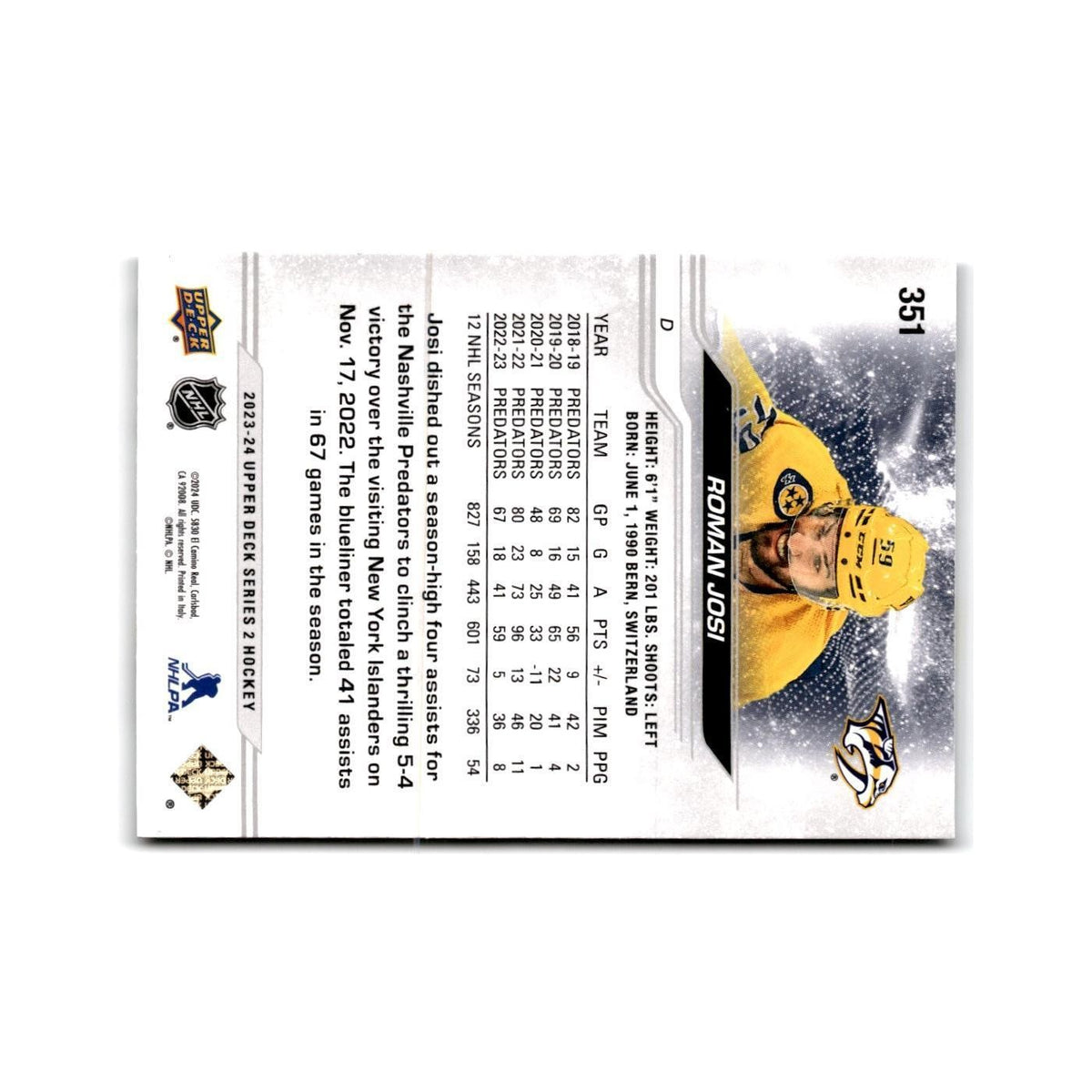 2023 Upper Deck Roman Josi Nashville Predators #351