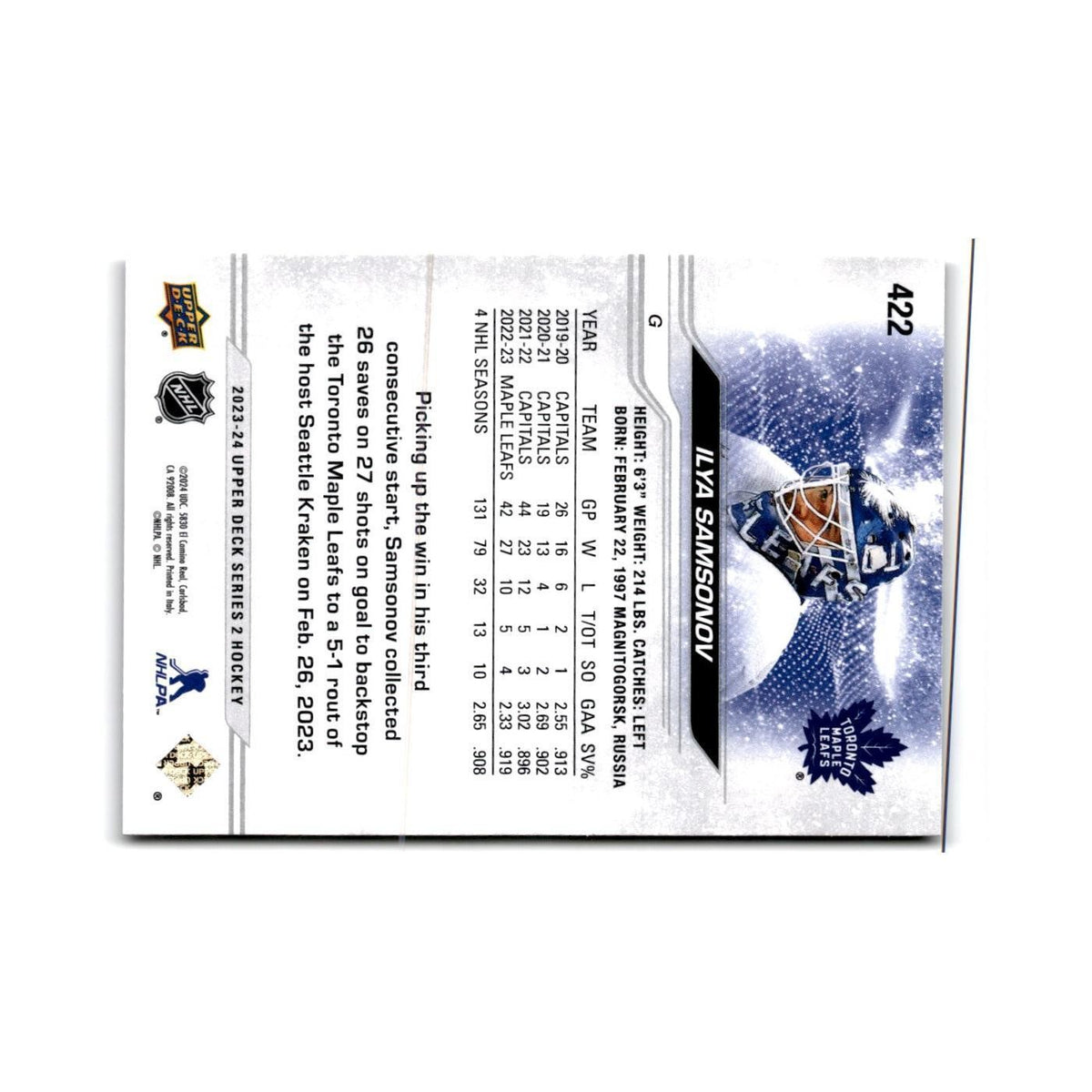 2023 Upper Deck Ilya Samsonov Toronto Maple Leafs #422