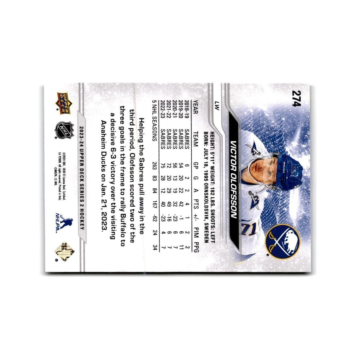 2023 Upper Deck Victor Olofsson Buffalo Sabres #274