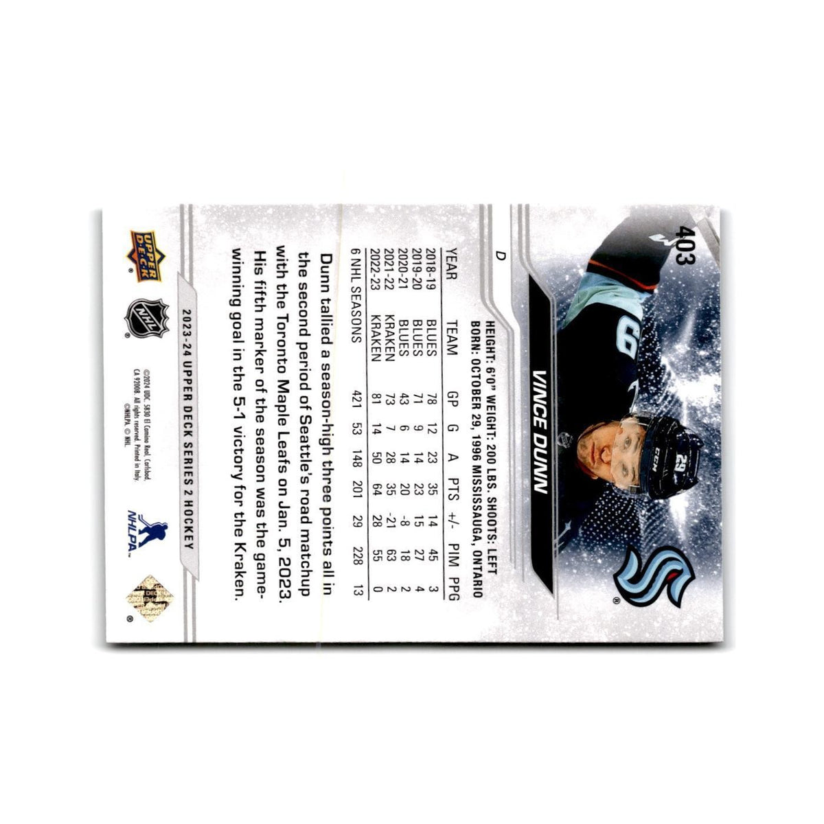 2023 Upper Deck Vince Dunn Seattle Kraken #403