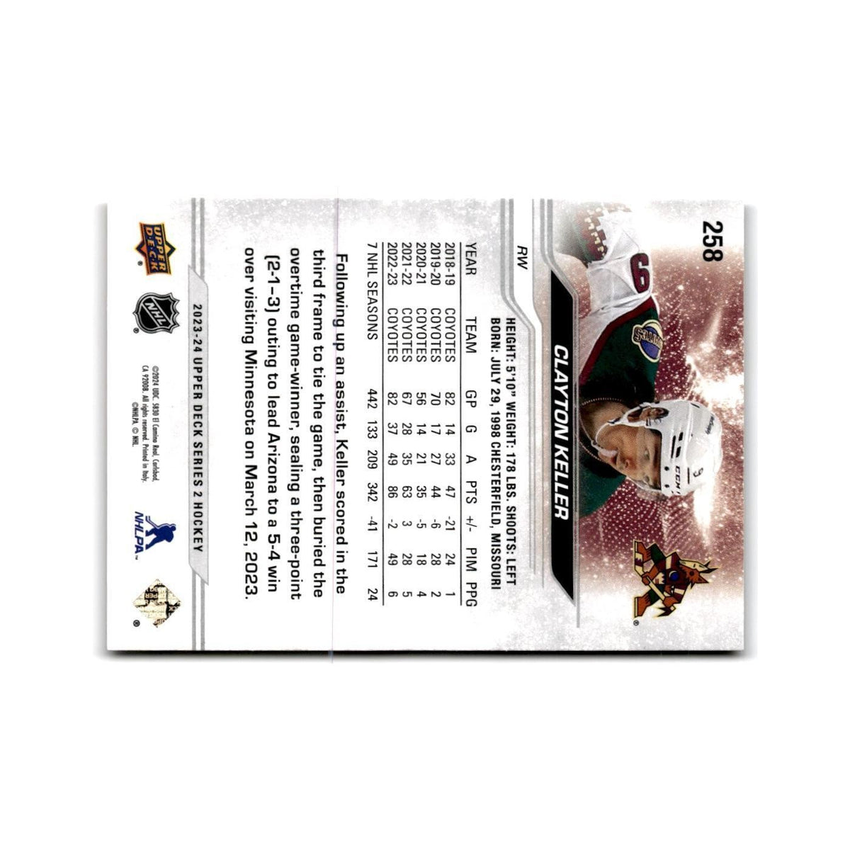 2023 Upper Deck Clayton Keller Arizona Coyotes #258