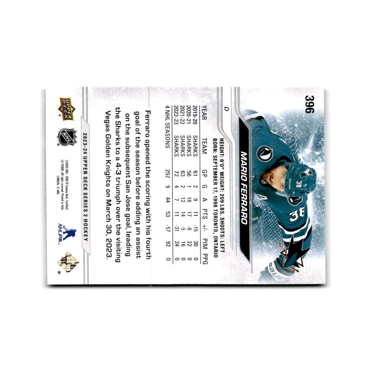 2023 Upper Deck Mario Ferraro San Jose Sharks #396