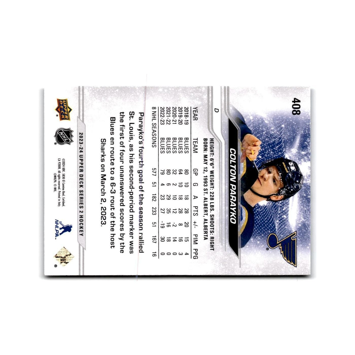 2023 Upper Deck Colton Parayko St. Louis Blues #408