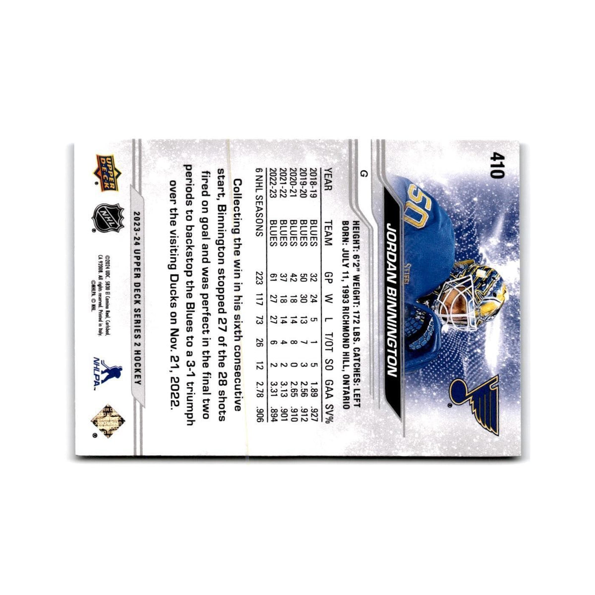 2023 Upper Deck Jordan Binnington St. Louis Blues #410