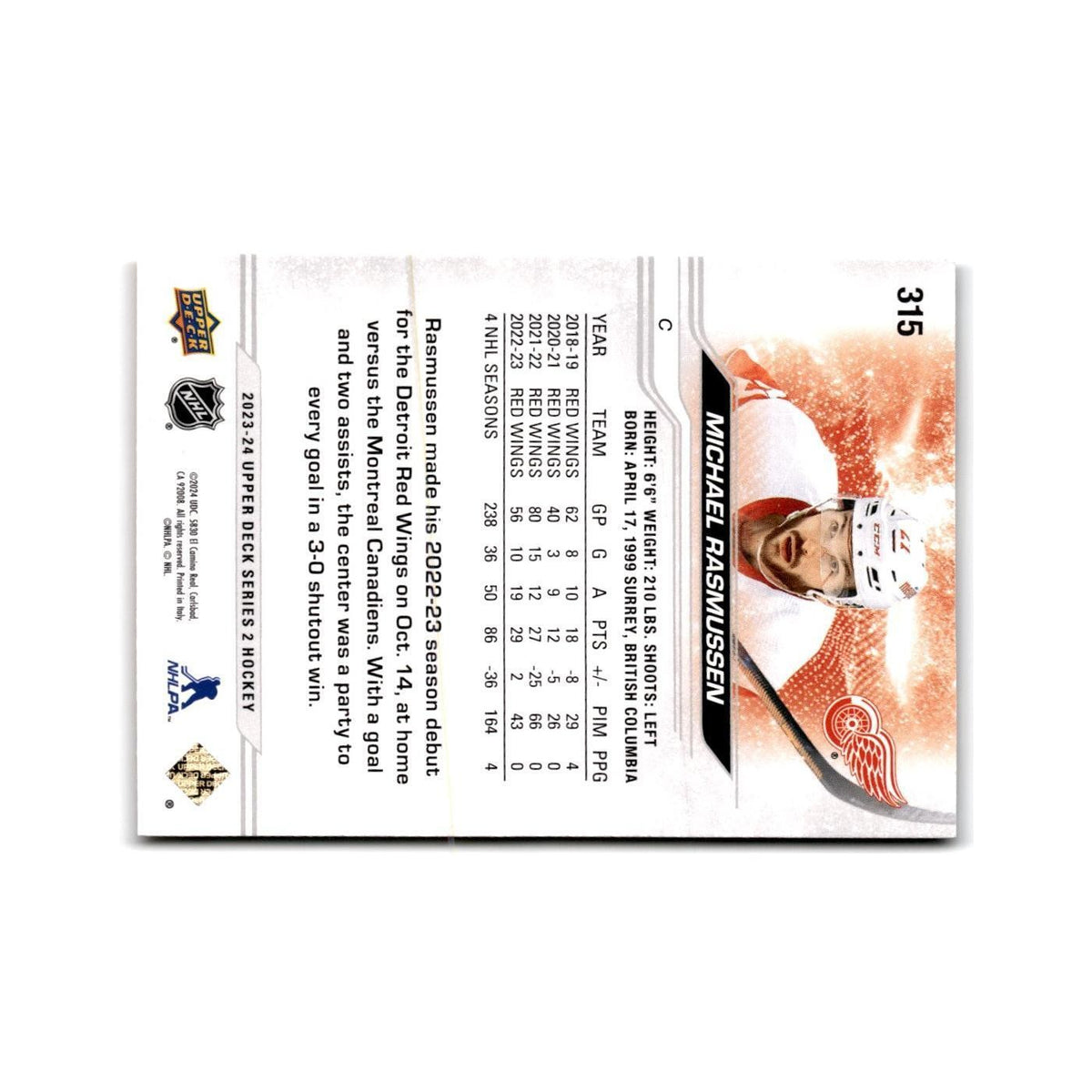 2023 Upper Deck Michael Rasmussen Detroit Red Wings #315