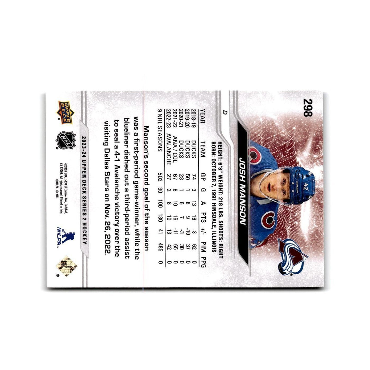 2023 Upper Deck Josh Manson Colorado Avalanche #298