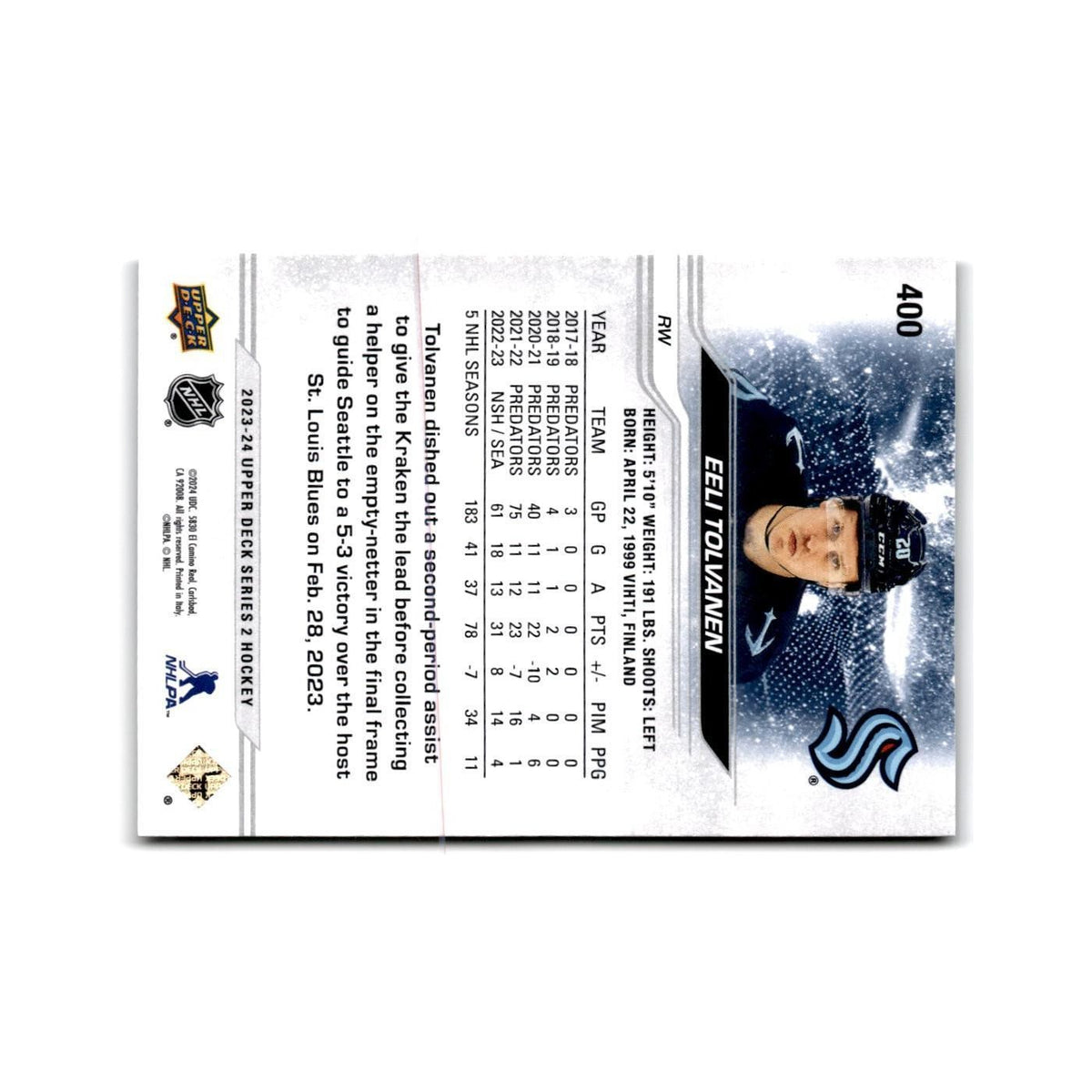 2023 Upper Deck Eeli Tolvanen Seattle Kraken #400