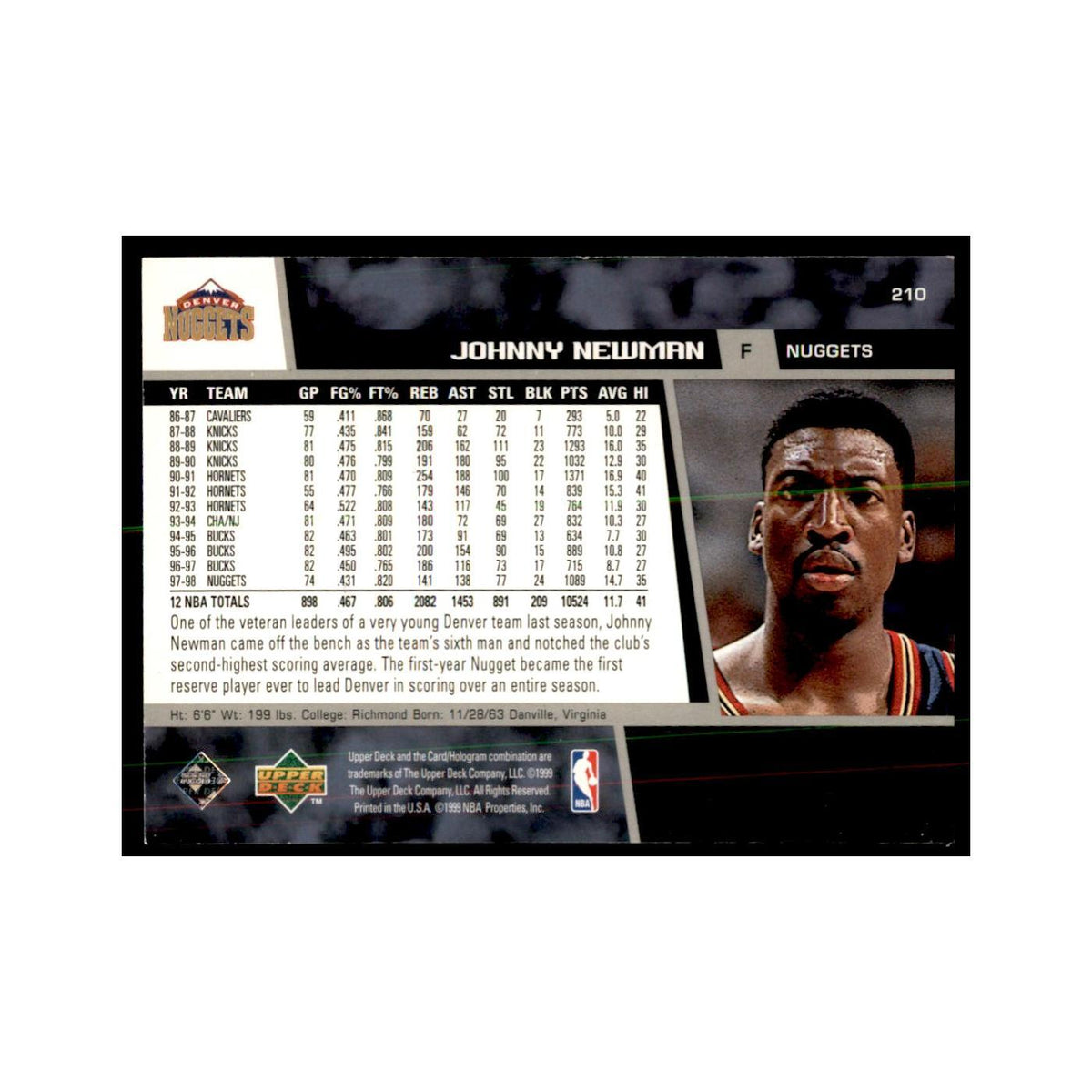 1998 Upper Deck Johnny Newman Basketball Cards #210