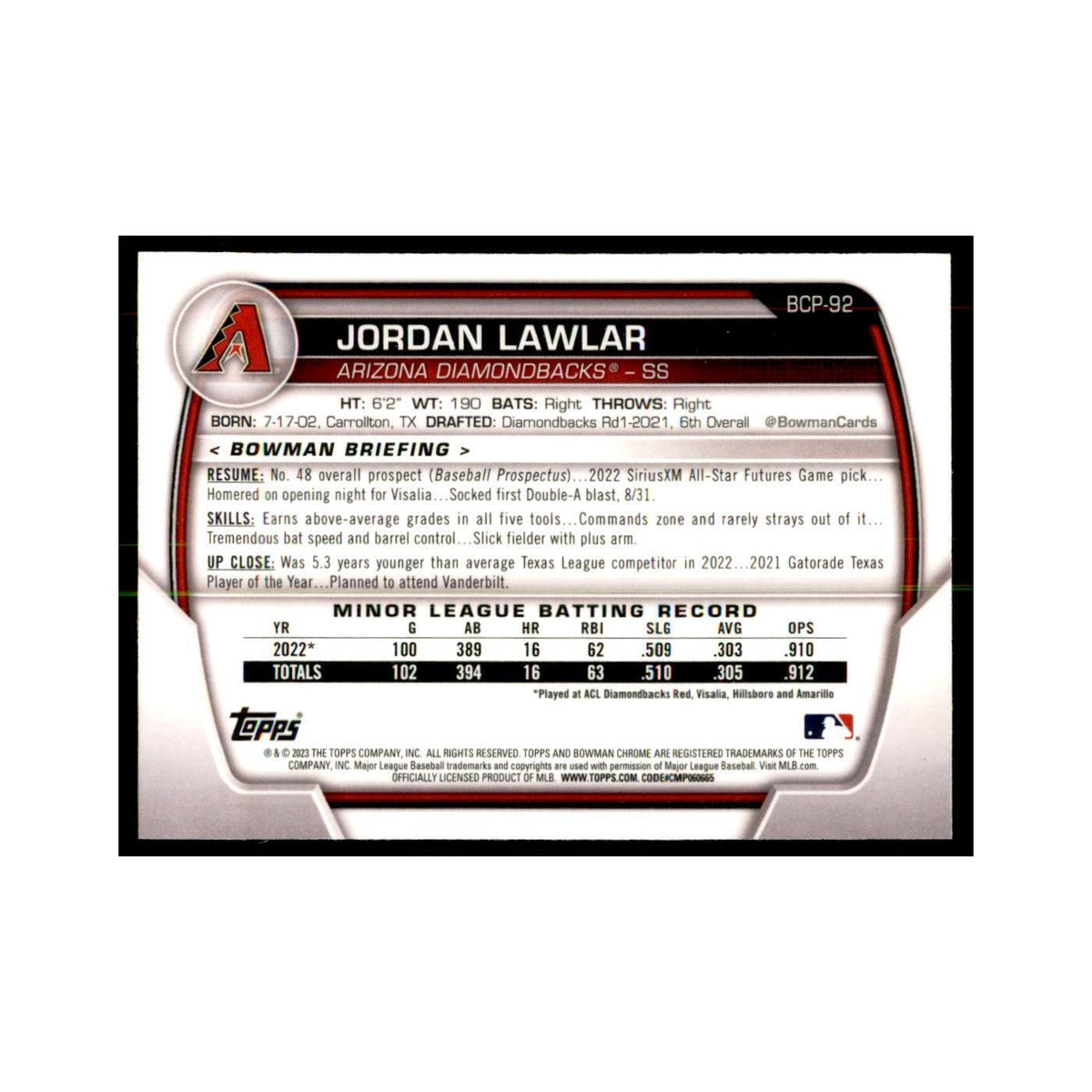 2023 Bowman Chrome Prospects Jordan Lawlar Baseball Cards #BCP-92