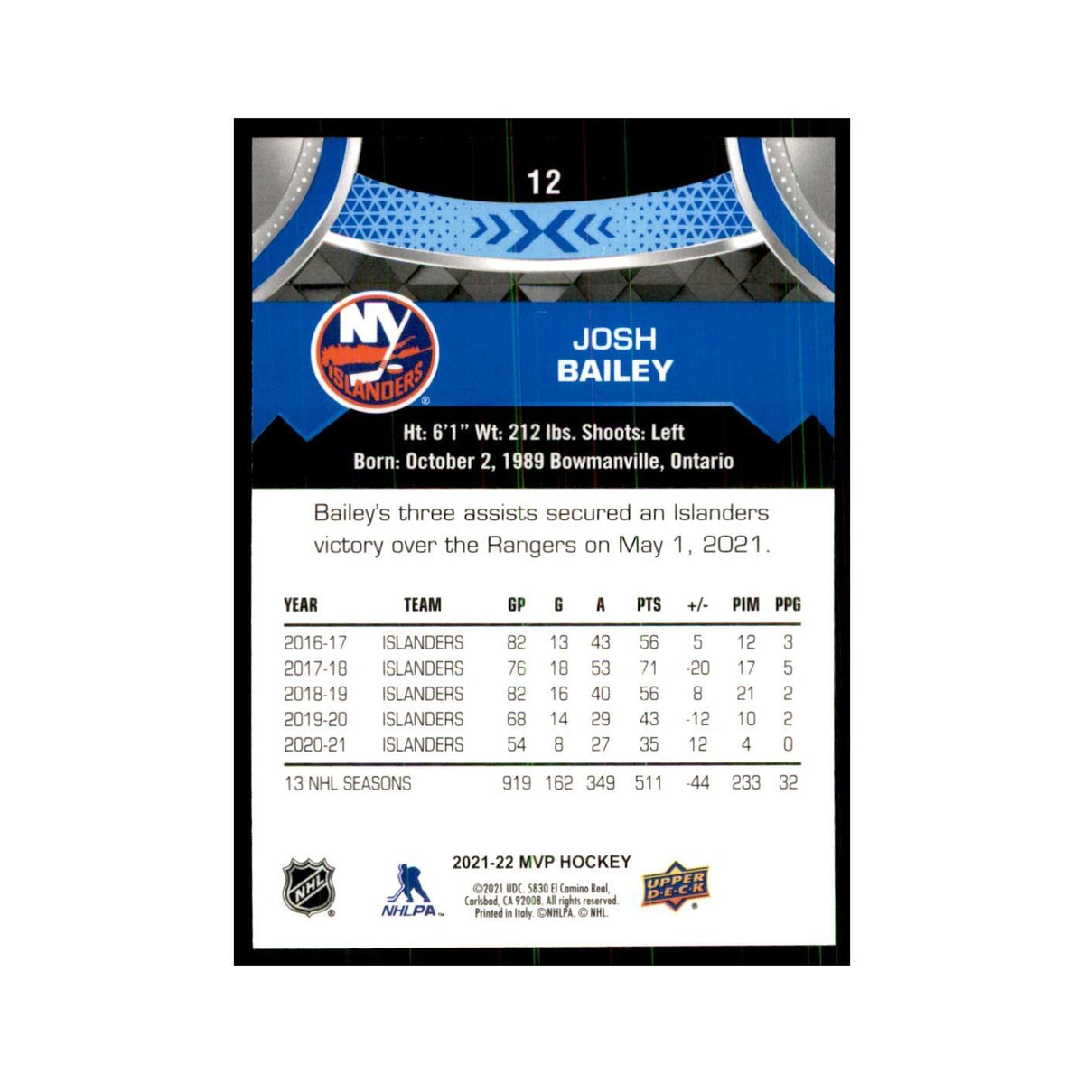 Josh Bailey 2021 Upper Deck MVP #12 Hockey Cards Hockey Card NM