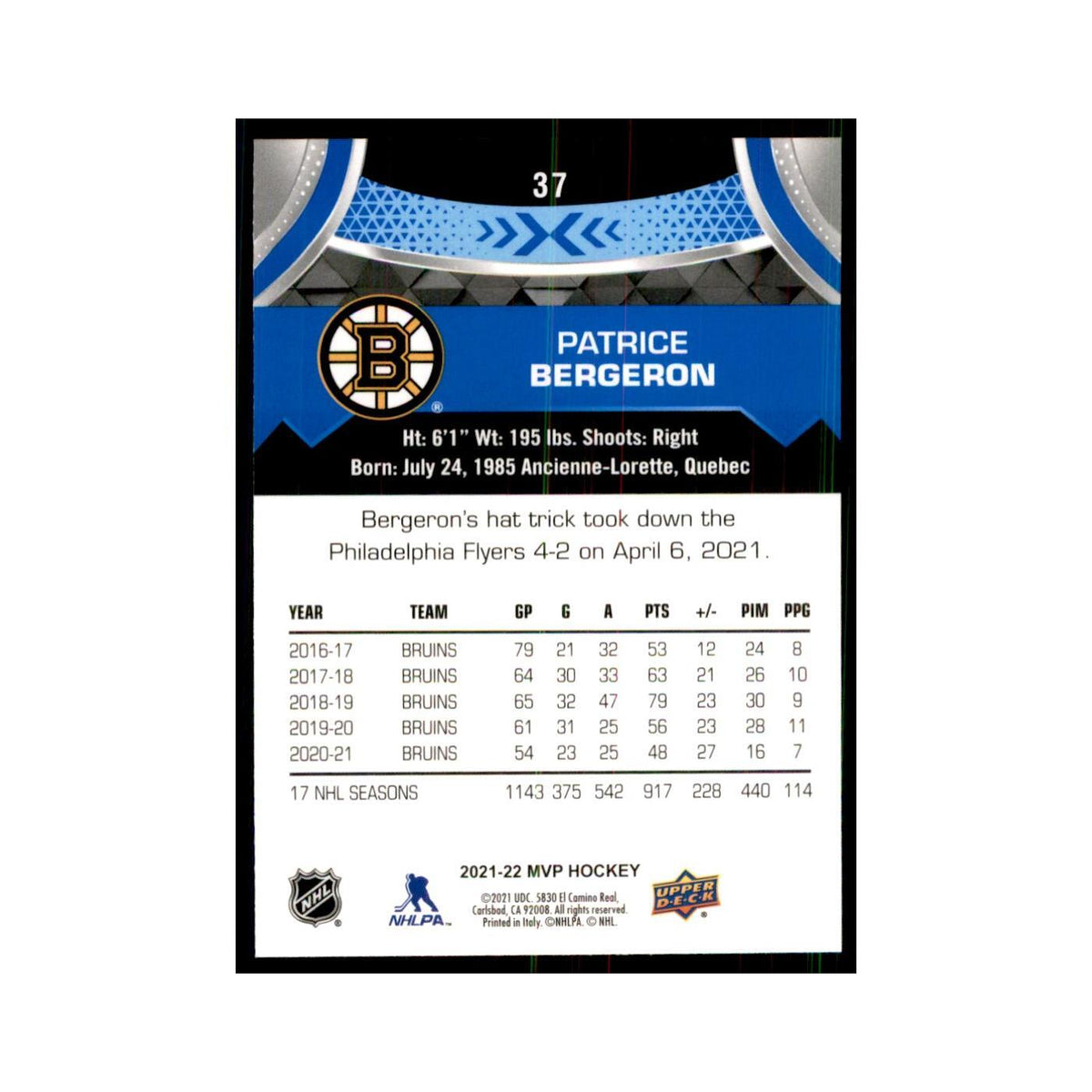 Patrice Bergeron 2021 Upper Deck MVP #37 Hockey Cards Hockey Card NM