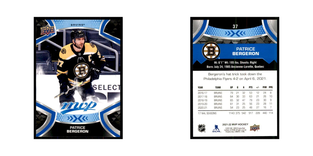 Patrice Bergeron 2021 Upper Deck MVP #37 Hockey Cards Hockey Card NM