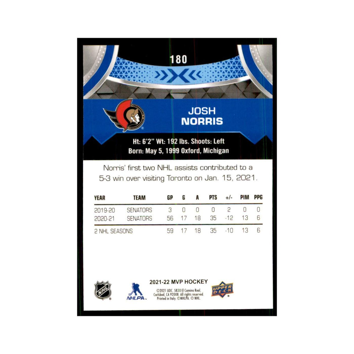 Josh Norris 2021 Upper Deck MVP #180 Hockey Cards Hockey Card NM
