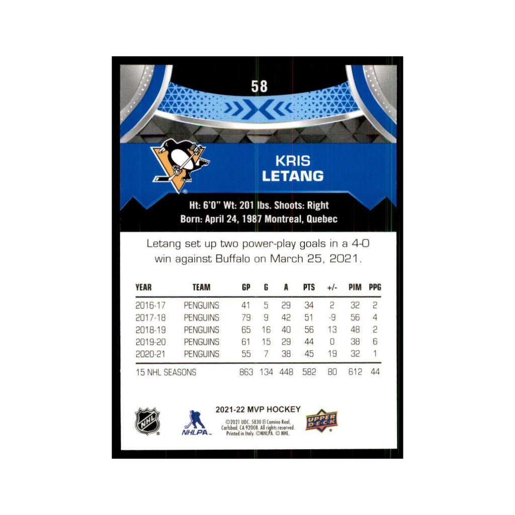 Kris Letang 2021 Upper Deck MVP #58 Hockey Cards Hockey Card NM