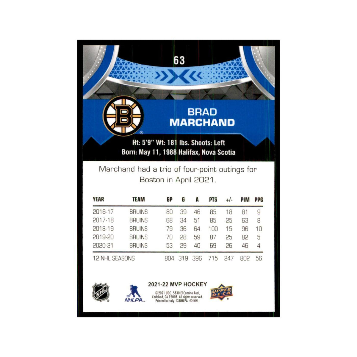 Brad Marchand 2021 Upper Deck MVP #63 Hockey Cards Hockey Card NM