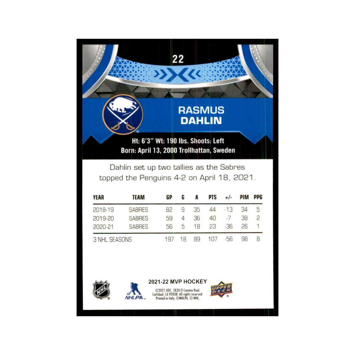 Rasmus Dahlin 2021 Upper Deck MVP #22 Hockey Cards Hockey Card NM