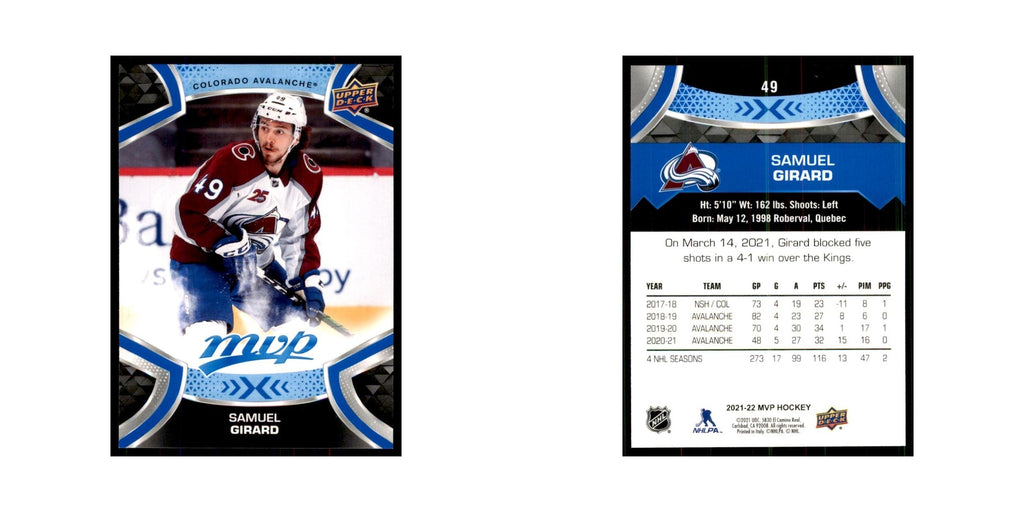 Samuel Girard 2021 Upper Deck MVP #49 Hockey Cards Hockey Card NM