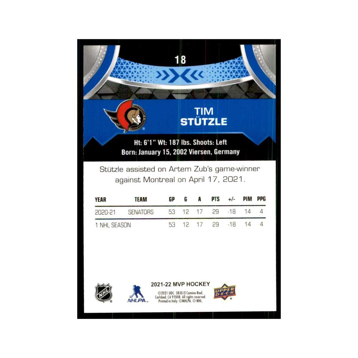 Tim Stutzle 2021 Upper Deck MVP #18 Hockey Cards Hockey Card NM