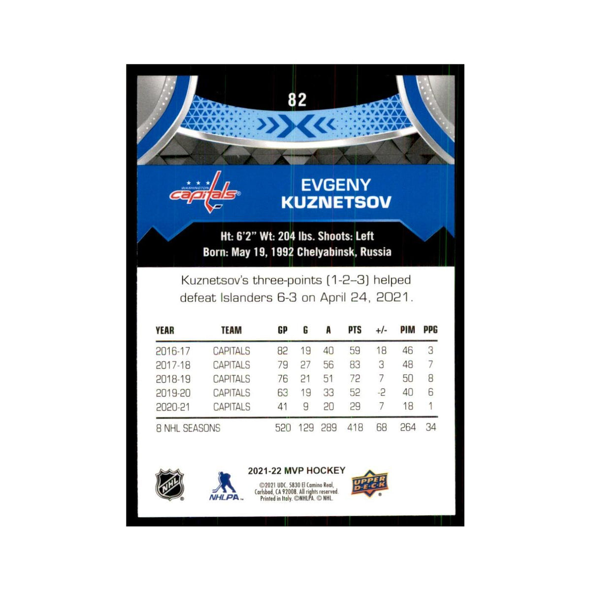 Evgeny Kuznetsov 2021 Upper Deck MVP #82 Hockey Cards Hockey Card NM