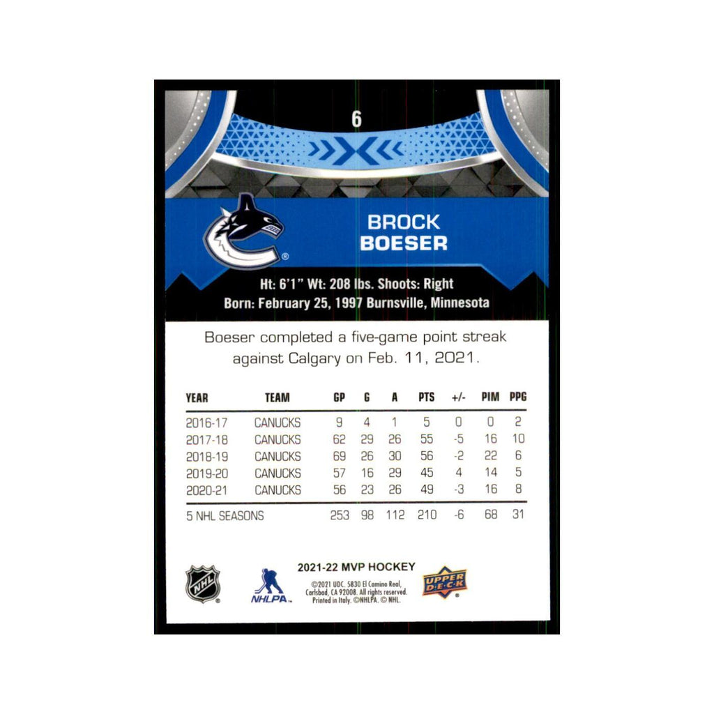 Brock Boeser 2021 Upper Deck MVP #6 Hockey Cards Hockey Card NM