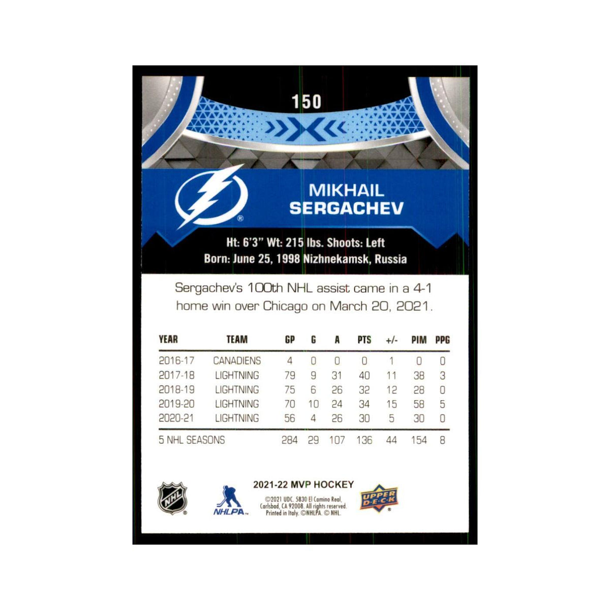 Mikhail Sergachev 2021 Upper Deck MVP #150 Hockey Cards Hockey Card NM