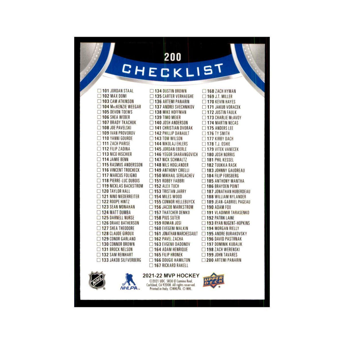 Artemi Panarin 2021 Upper Deck MVP #200 Hockey Cards Hockey Card NM