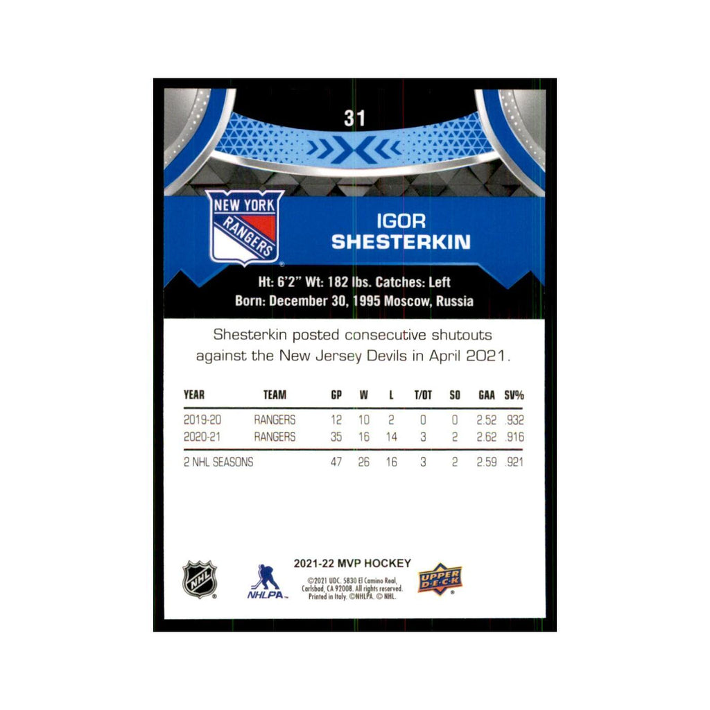 Igor Shesterkin 2021 Upper Deck MVP #31 Hockey Cards Hockey Card NM