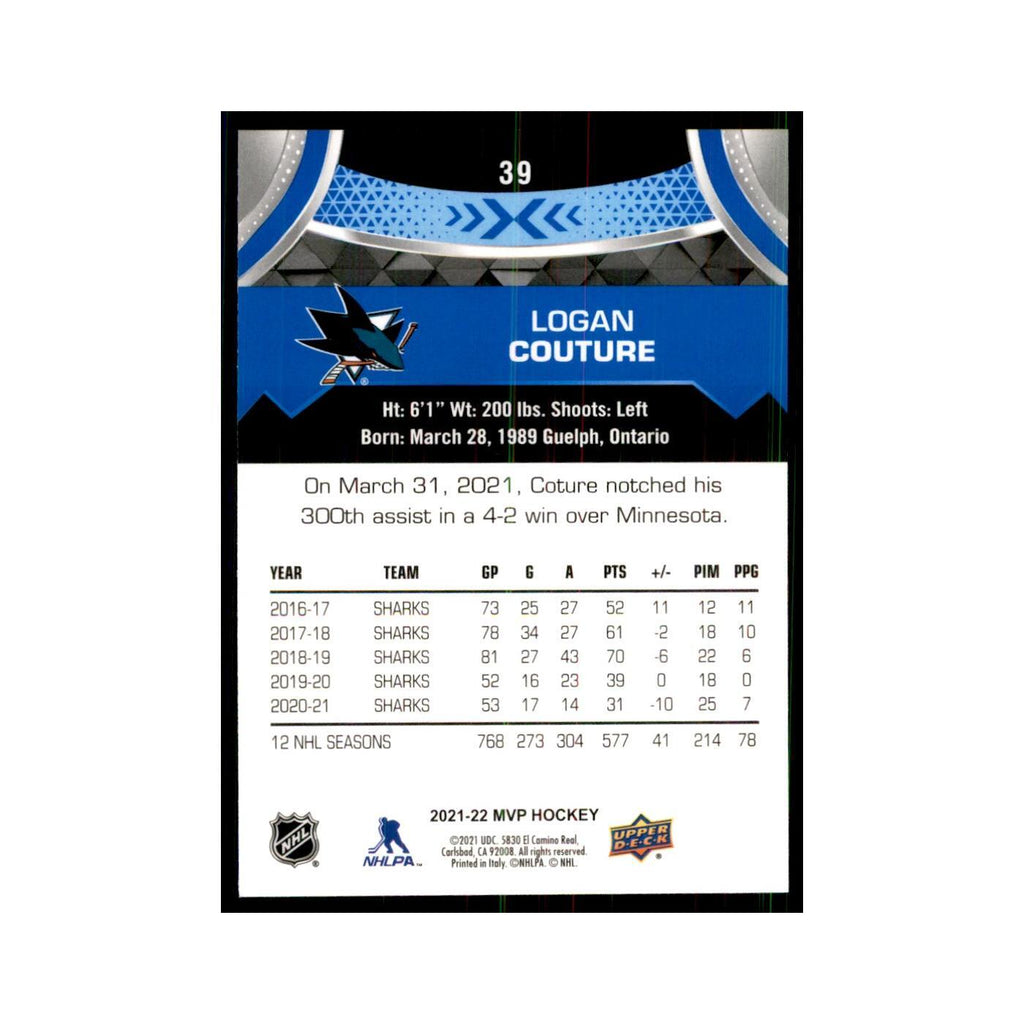 Logan Couture 2021 Upper Deck MVP #39 Hockey Cards Hockey Card NM