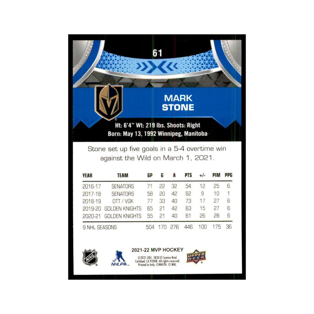 Mark Stone 2021 Upper Deck MVP #61 Hockey Cards Hockey Card NM