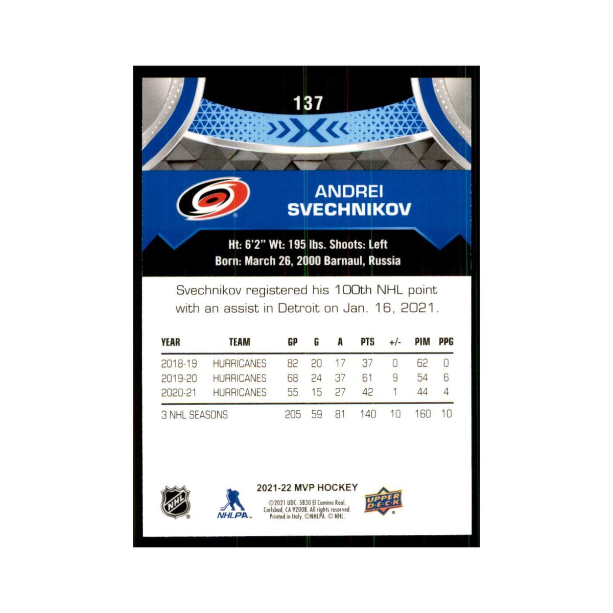 Andrei Svechnikov 2021 Upper Deck MVP #137 Hockey Cards Hockey Card NM