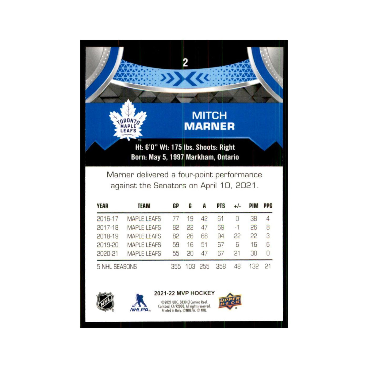 Mitch Marner 2021 Upper Deck MVP #2 Hockey Cards Hockey Card NM