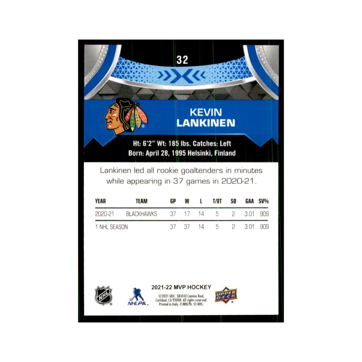 Kevin Lankinen 2021 Upper Deck MVP #32 Hockey Cards Hockey Card NM