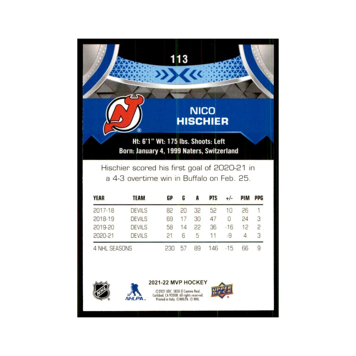 Nico Hischier 2021 Upper Deck MVP #113 Hockey Cards Hockey Card NM