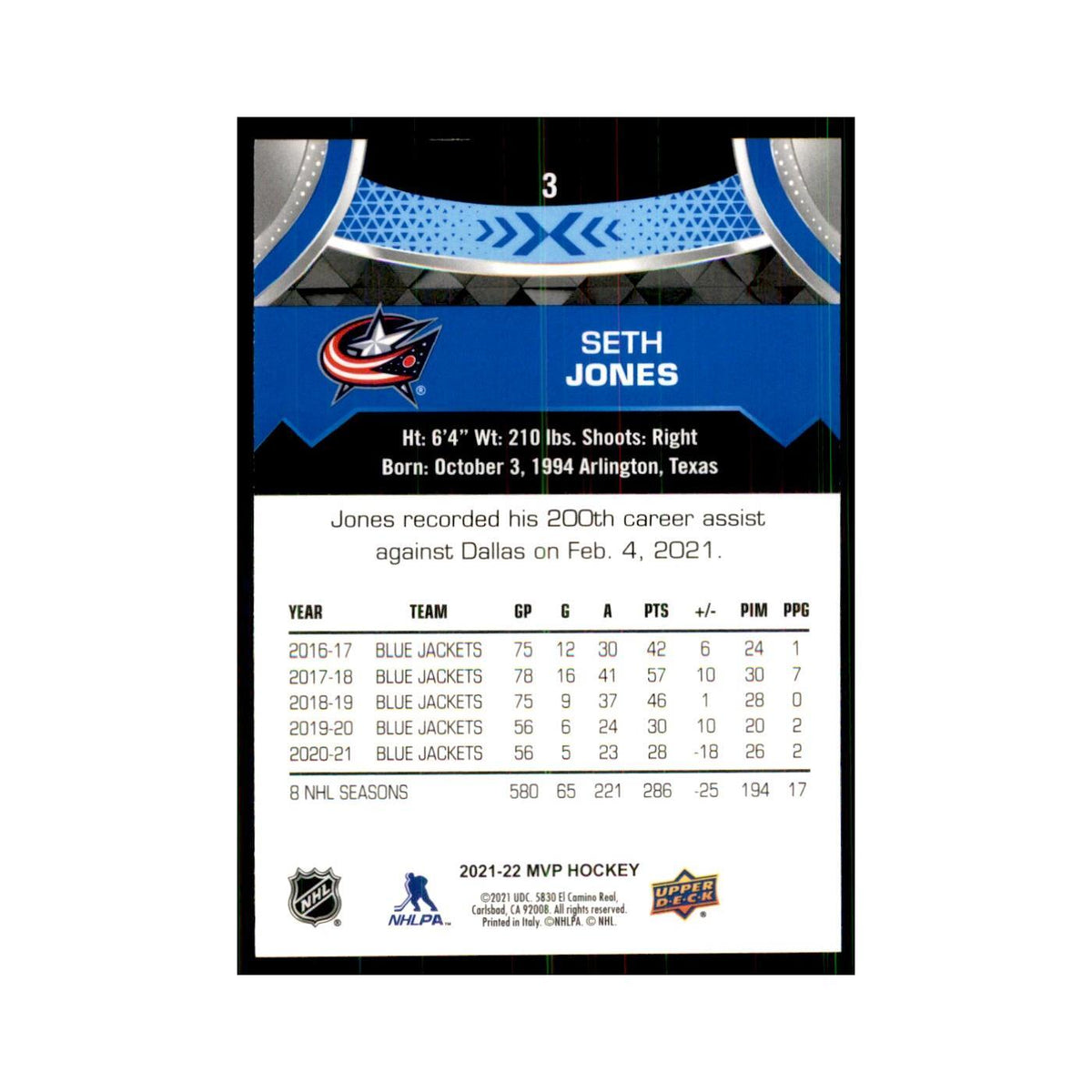 Seth Jones 2021 Upper Deck MVP #3 Hockey Cards Hockey Card NM