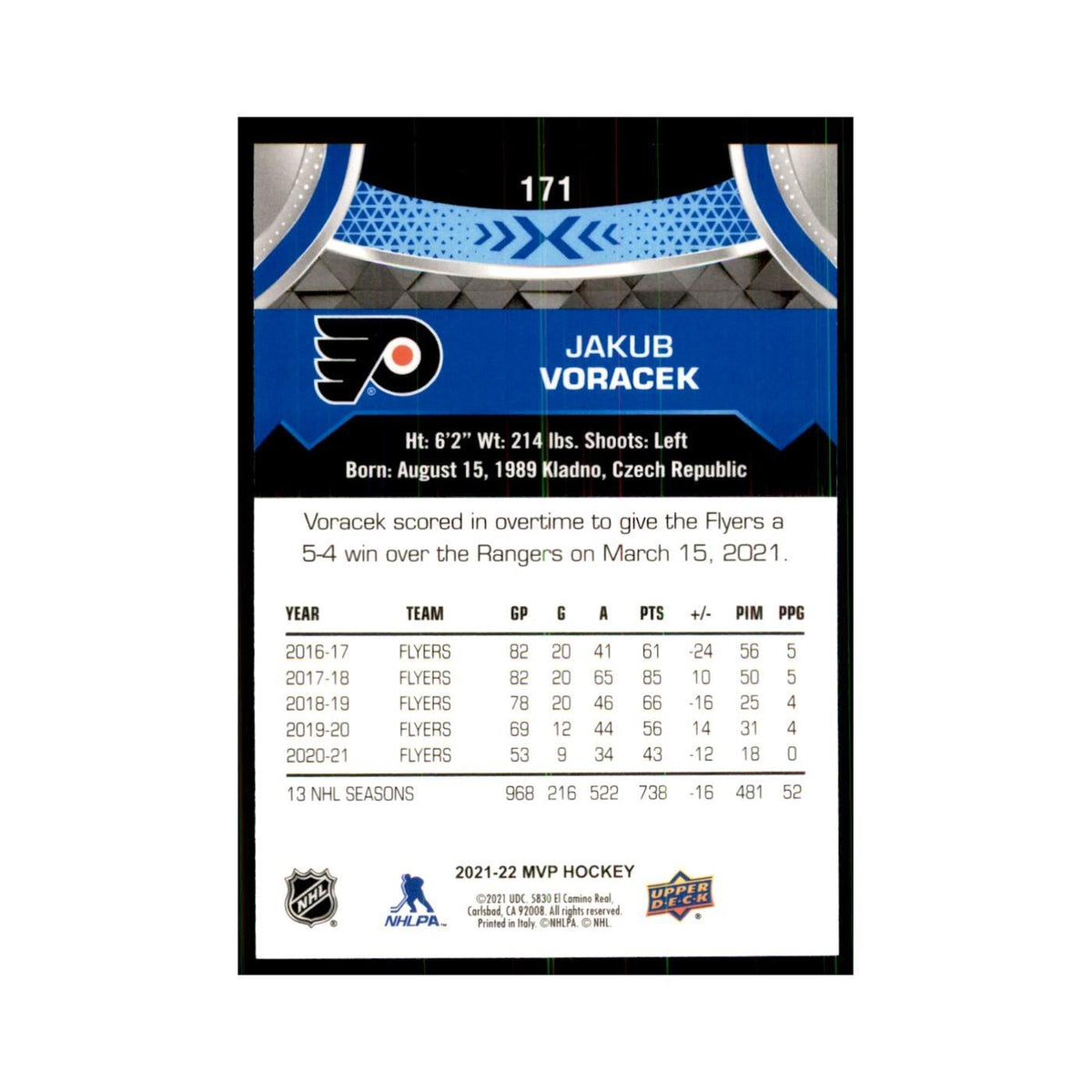 Jakub Voracek 2021 Upper Deck MVP #171 Hockey Cards Hockey Card NM
