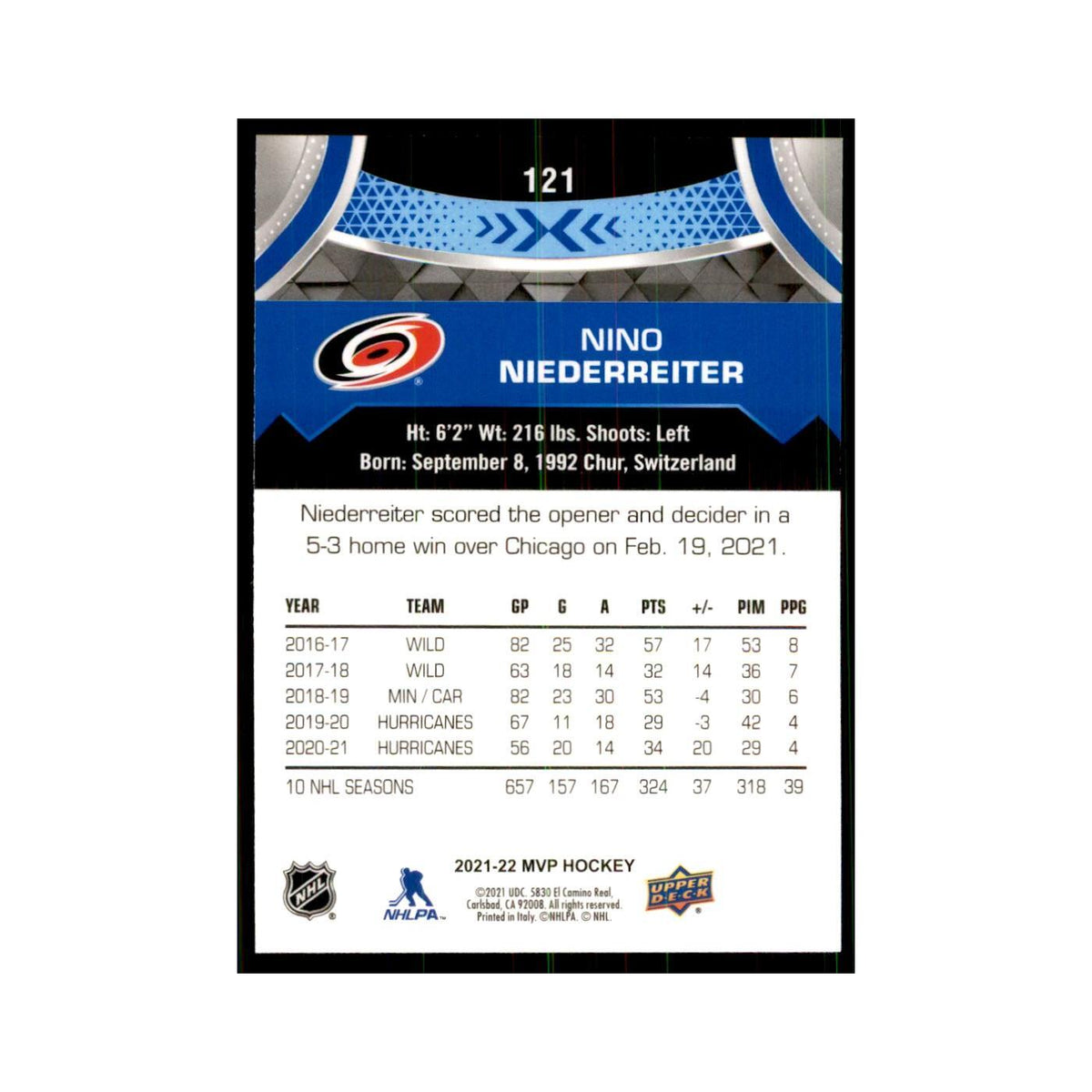Nino Niederreiter 2021 Upper Deck MVP #121 Hockey Cards Hockey Card NM