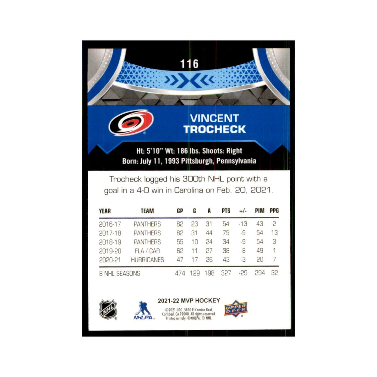 Vincent Trocheck 2021 Upper Deck MVP #116 Hockey Cards Hockey Card NM