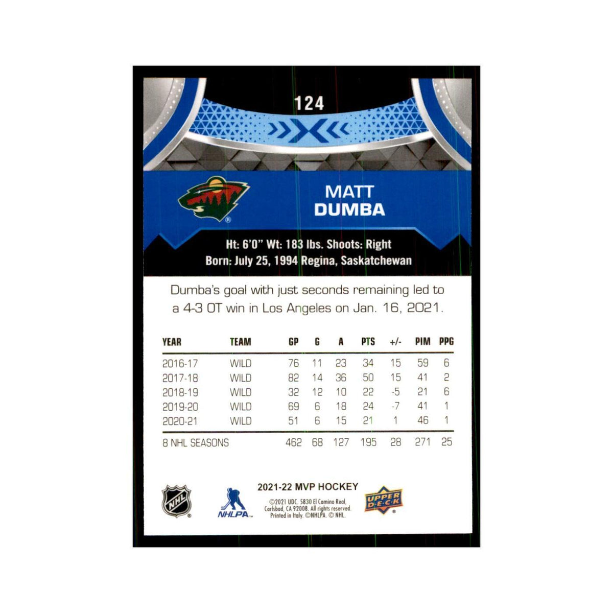 Matt Dumba 2021 Upper Deck MVP #124 Hockey Cards Hockey Card NM