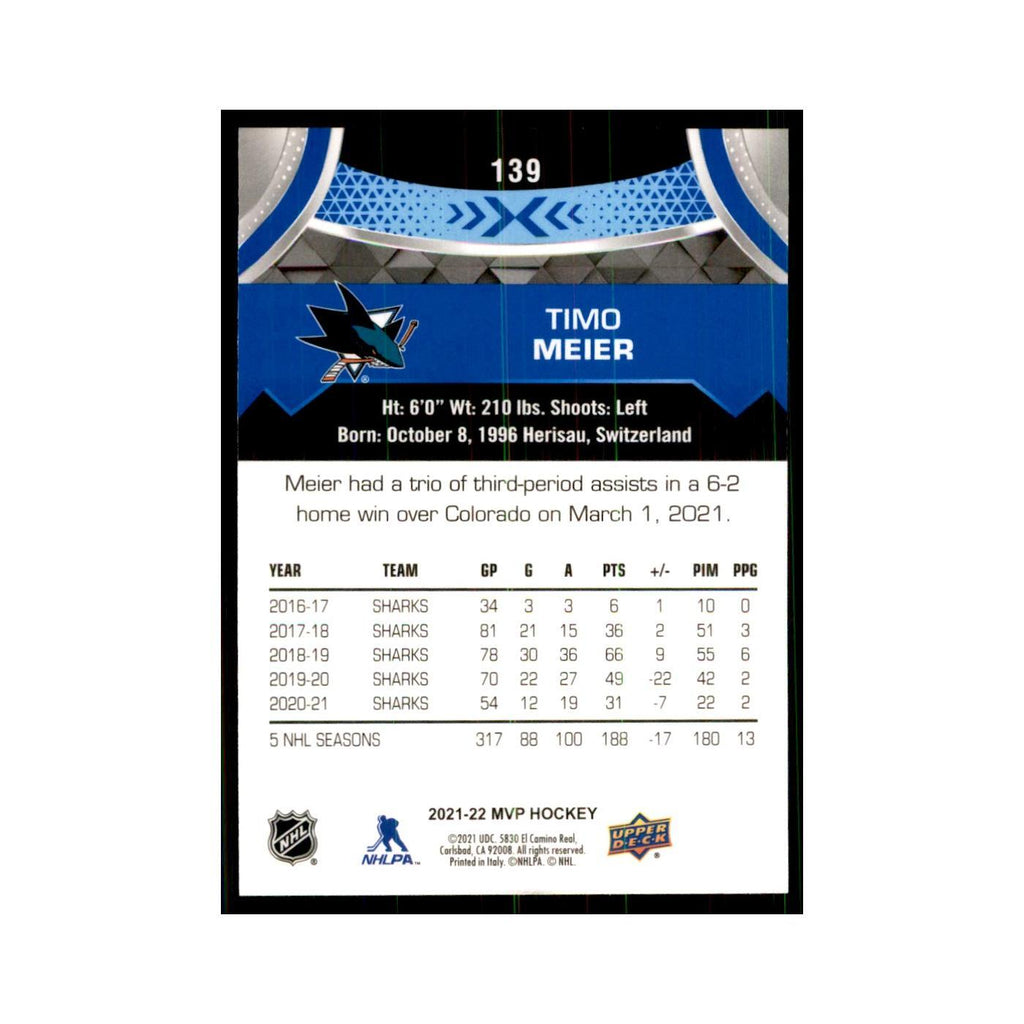 Timo Meier 2021 Upper Deck MVP #139 Hockey Cards Hockey Card NM