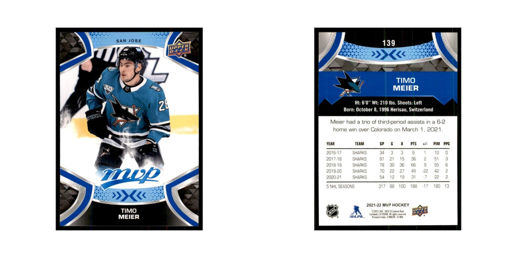Timo Meier 2021 Upper Deck MVP #139 Hockey Cards Hockey Card NM