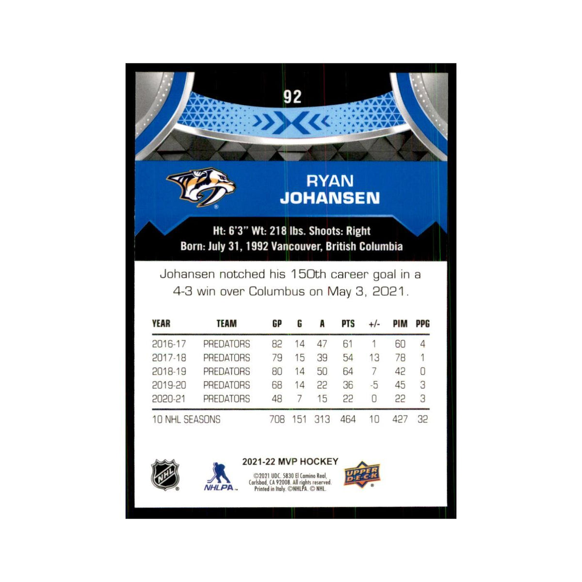 Ryan Johansen 2021 Upper Deck MVP #92 Hockey Cards Hockey Card NM