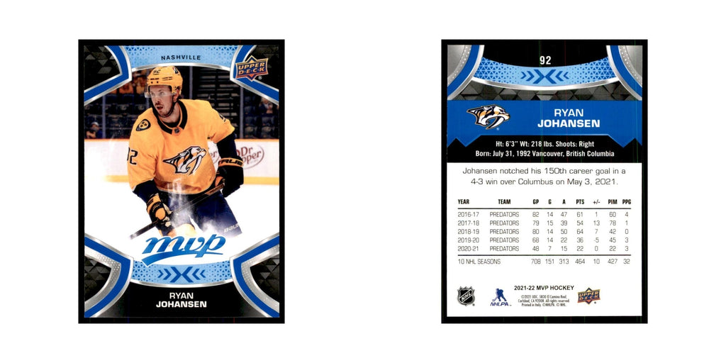 Ryan Johansen 2021 Upper Deck MVP #92 Hockey Cards Hockey Card NM