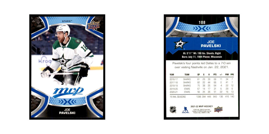 Joe Pavelski 2021 Upper Deck MVP #108 Hockey Cards Hockey Card NM