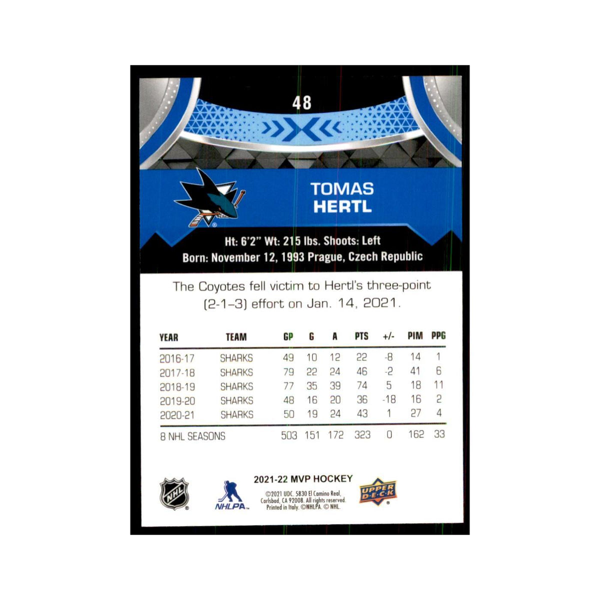 Tomas Hertl 2021 Upper Deck MVP #48 Hockey Cards Hockey Card NM